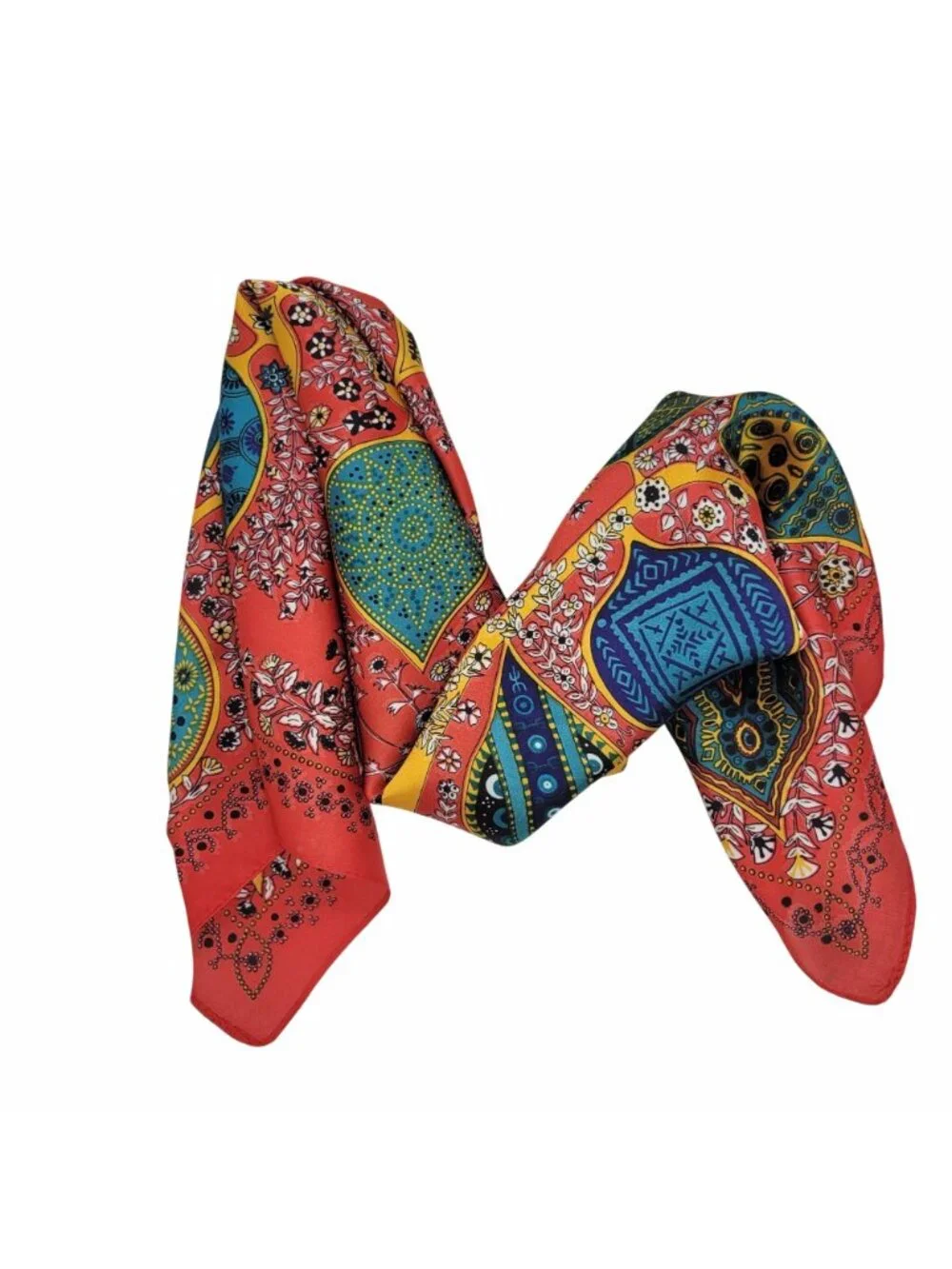 Elegant Luxury Silky Square Scarf Satin Red Tree Leaf Print Bandana Shawl Floral